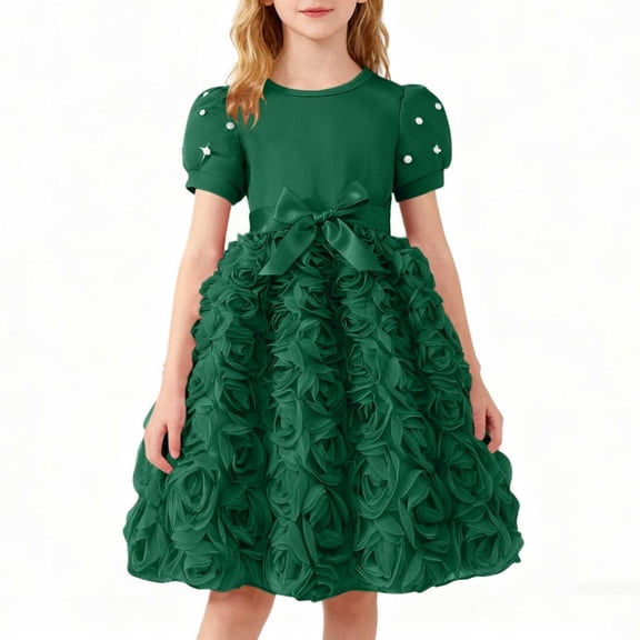 Freshbabe Girls Puff Sleeve Rosette Formal Party Dress, Elegant Flower Tulle Dress With Bow For Weddings and Festivel