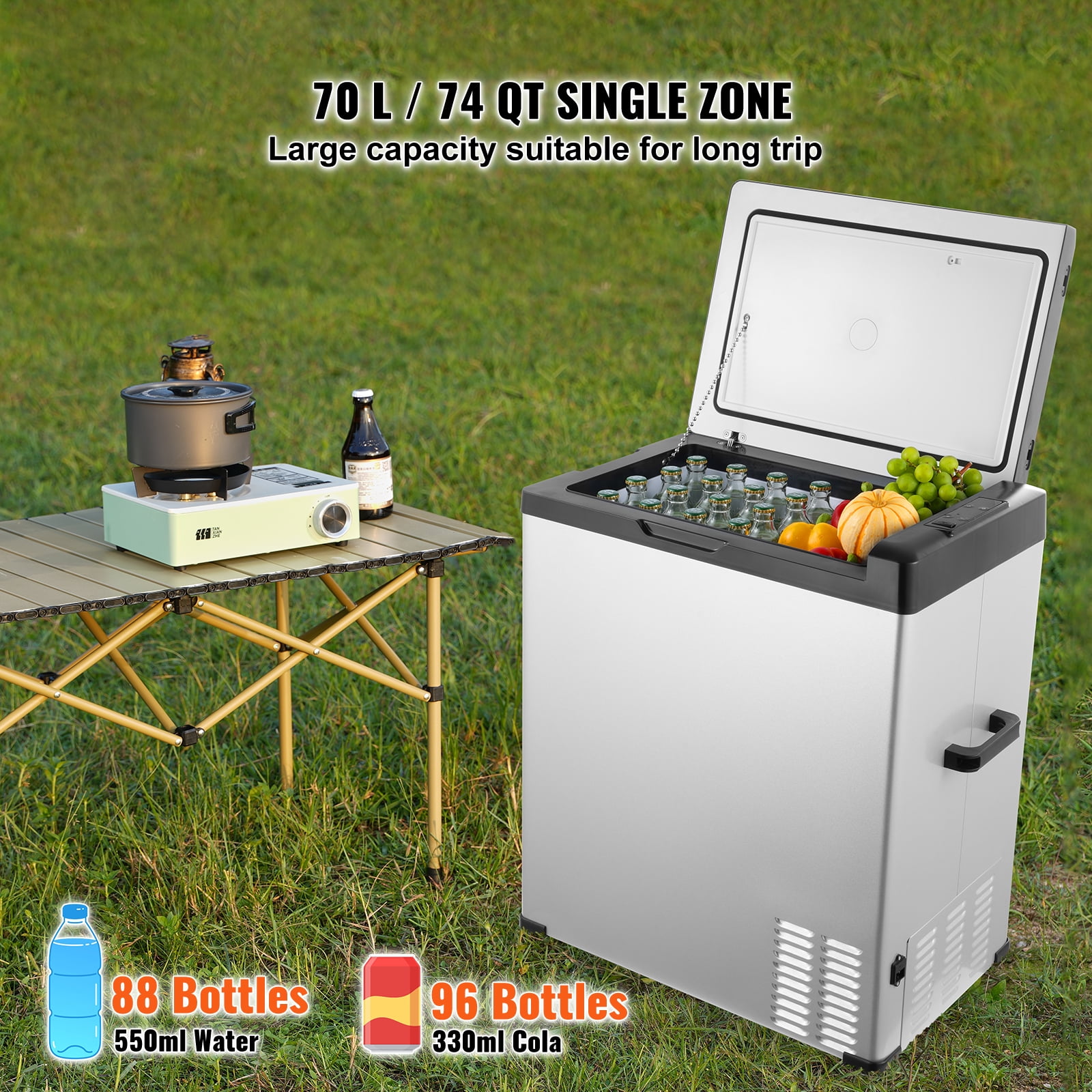 KFFKFF Vehicle Cooler, 12V Portable Fridge, 70L Capacity, Single Zone Freezing, Temperature Range -4 ℉to 68℉, Compatible with 12/24V DC & 100-240V AC, Ideal for Camping, RV, and Outdoor Use