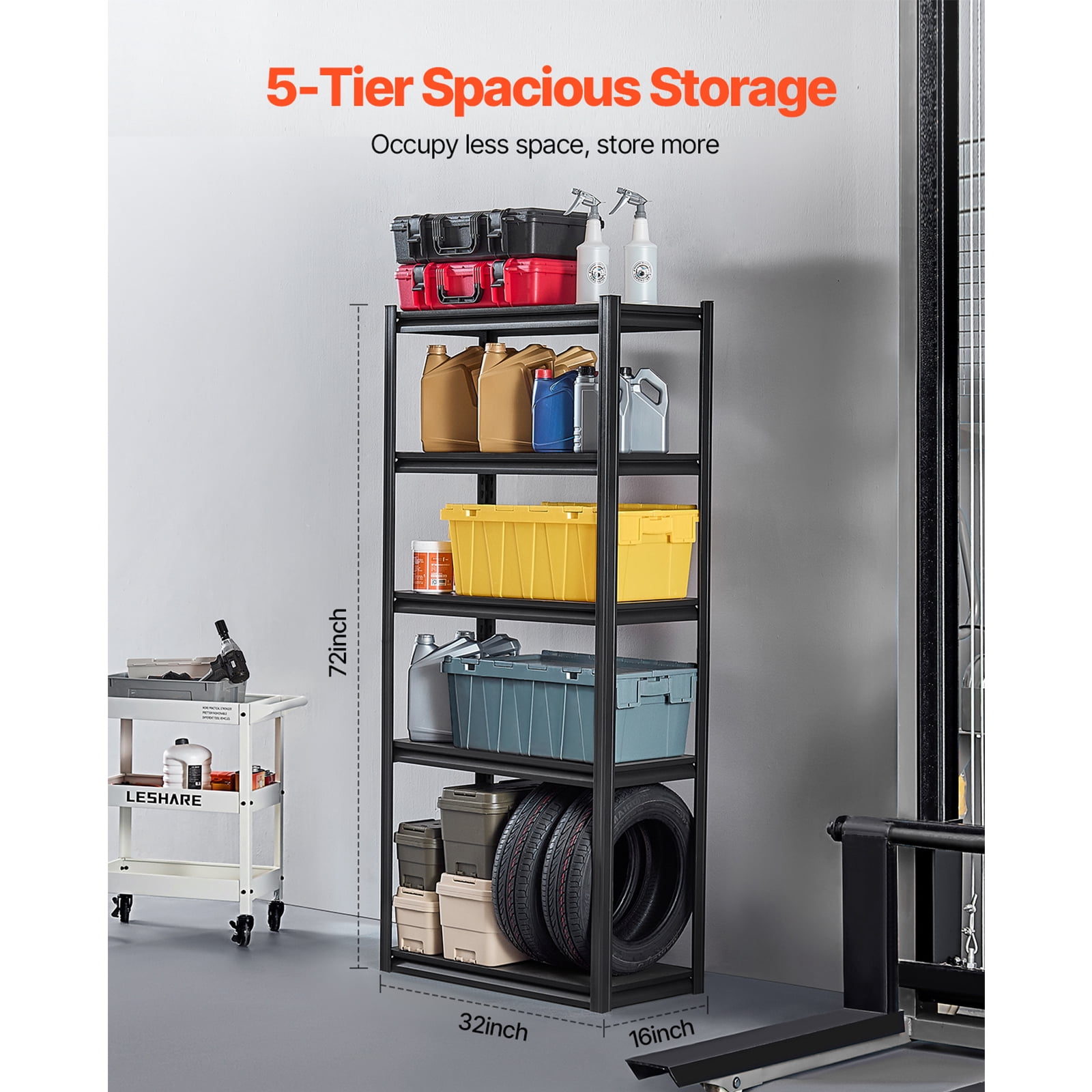KFFKFF Organizing Racks, 2000 lbs Capacity, Five-Level Garage Storage System, Dimensions 16" D x 32" W x 72" H, Adjustable Iron Shelves for Utility Rack, Suitable for Kitchen, Warehouse, Black