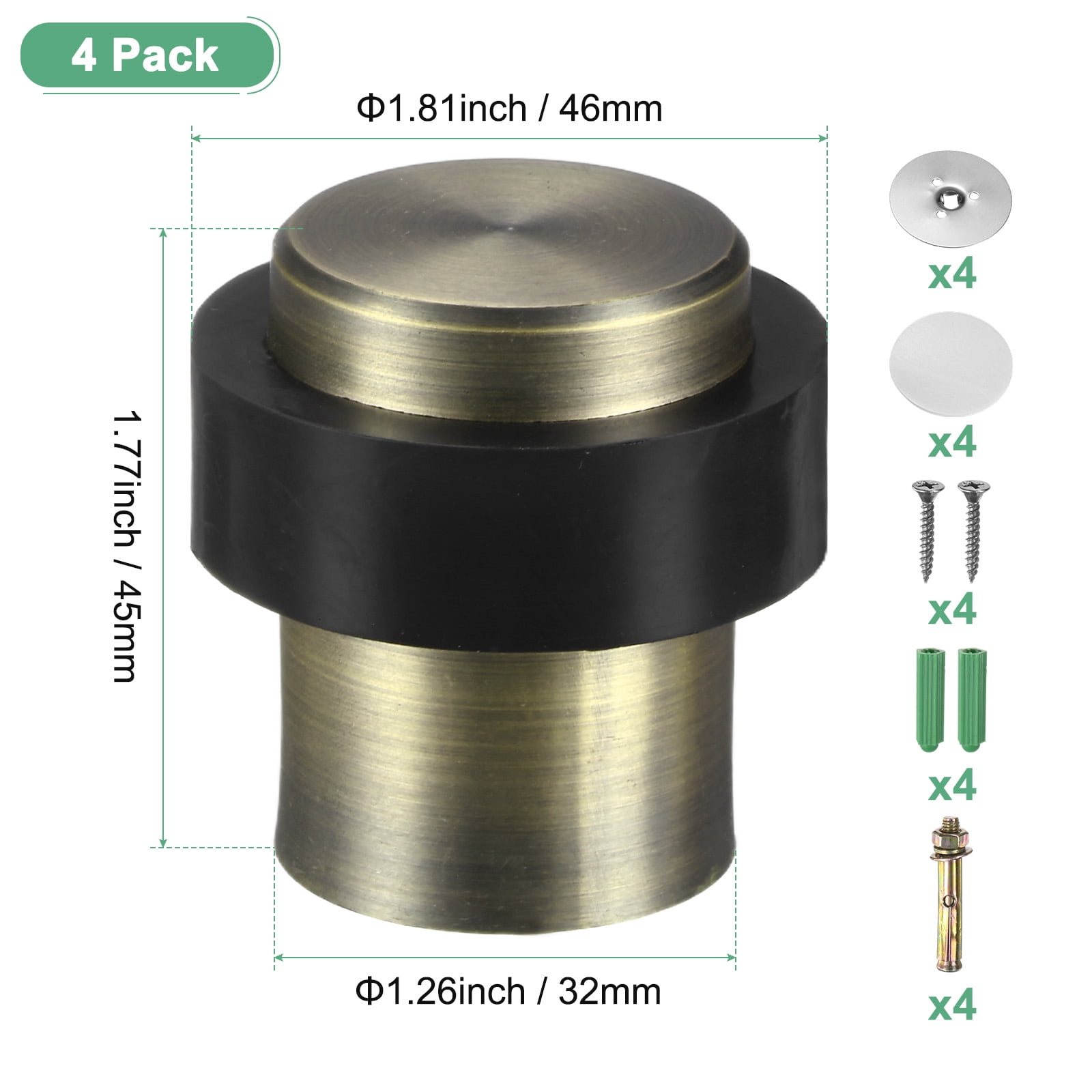 Uxcell 4-Pack Floor Door Stoppers, Stainless Steel Cylindrical Door Stop with Plastic Rubber Bumper [Brass Tone]