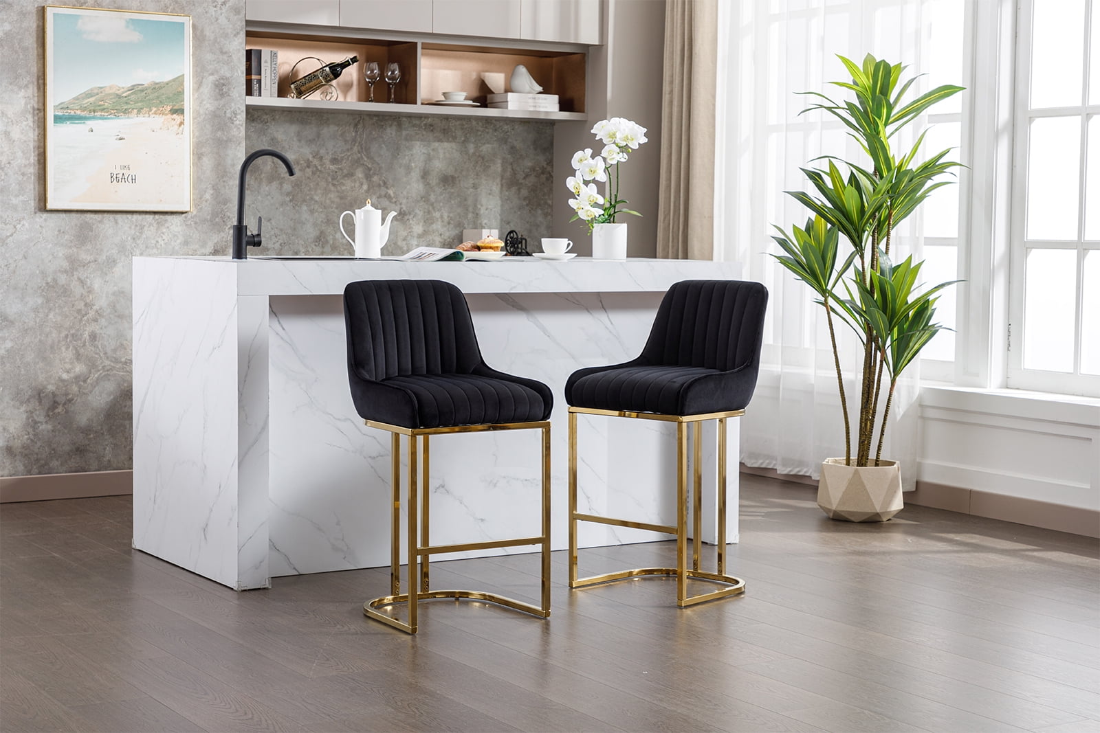 Dayalane Counter Height Bar Stools Set of 2, Velvet Upholstered Kitchen Barstools with Back and Gold Base, 26 " Modern Elegant Island Chairs for Restaurant Bar Dining Room, Black