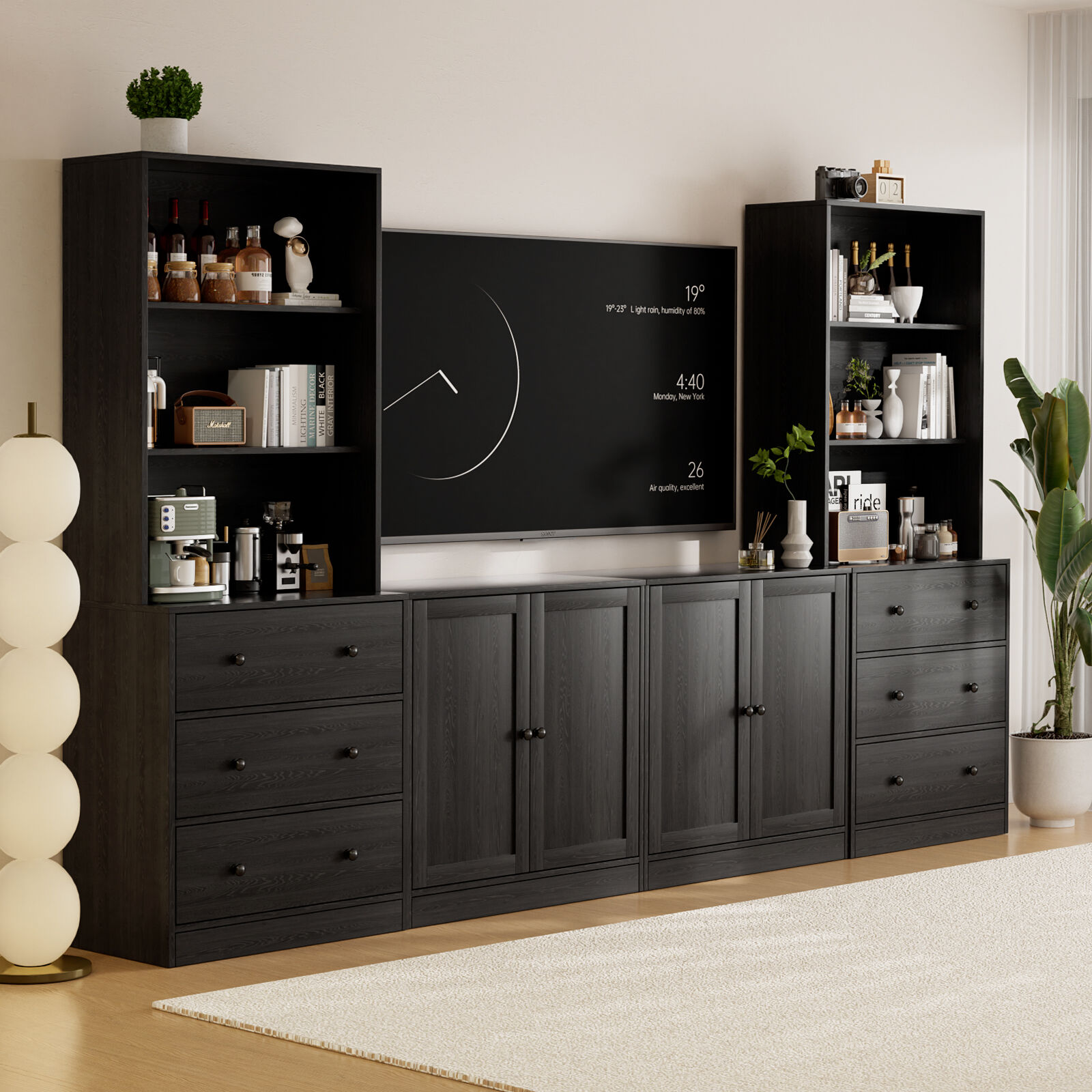 RichYa 4-Piece Entertainment Center with Bookshelves for TVs,TV Stand for TVs up to 60”,TV Stand Cabinets with 6 Drawers for Living Room,Black