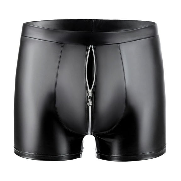 Men's Soft Matte Leather Boxer Crotchless Double Zipper Sexy Open Crotch Underpants Shiny Bulge Pouch Underwear
