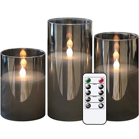 GenSwin Bougies DEL Sans Flamme en Verre Gris à Piles avec Télécommande à 10 Touches et Minuterie, Bougies en Vraie Cire Blanc Chaud à Lumière Vacillante pour la Décoration Intérieure