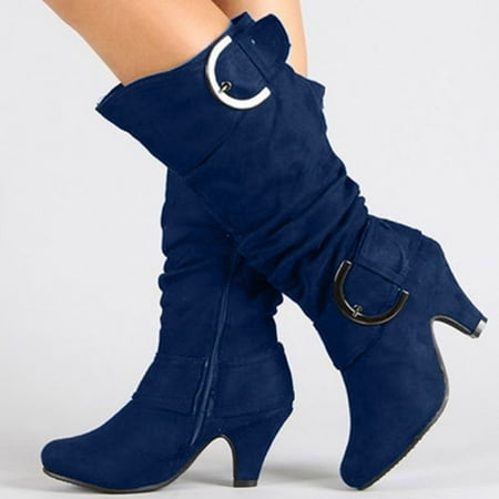 

Juebong Christmas Deals Women s Winter Warm High Heel Straight Belt Buckle Suede Thick Heel Rider Boots 6 Blue