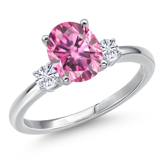 Gem Stone King 14K White Gold Pink Moissanite and White Moissanite Engagement Ring for Women | 2.20 Cttw | Oval 9X7MM | Gemstone Birthstone | Size 9