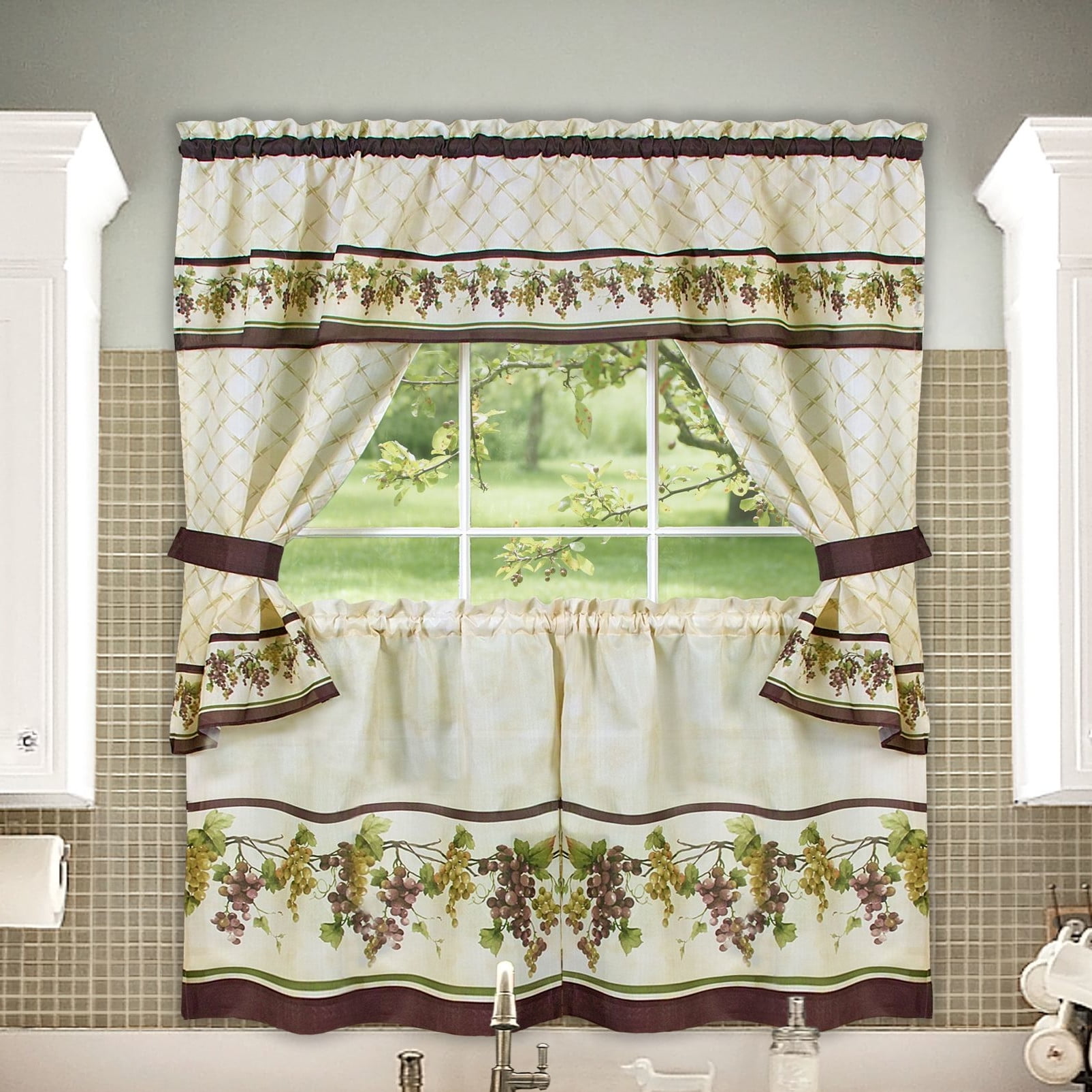 3 Piece Kitchen Curtain with Swag and Tier Window Treatment Set Tuscany 