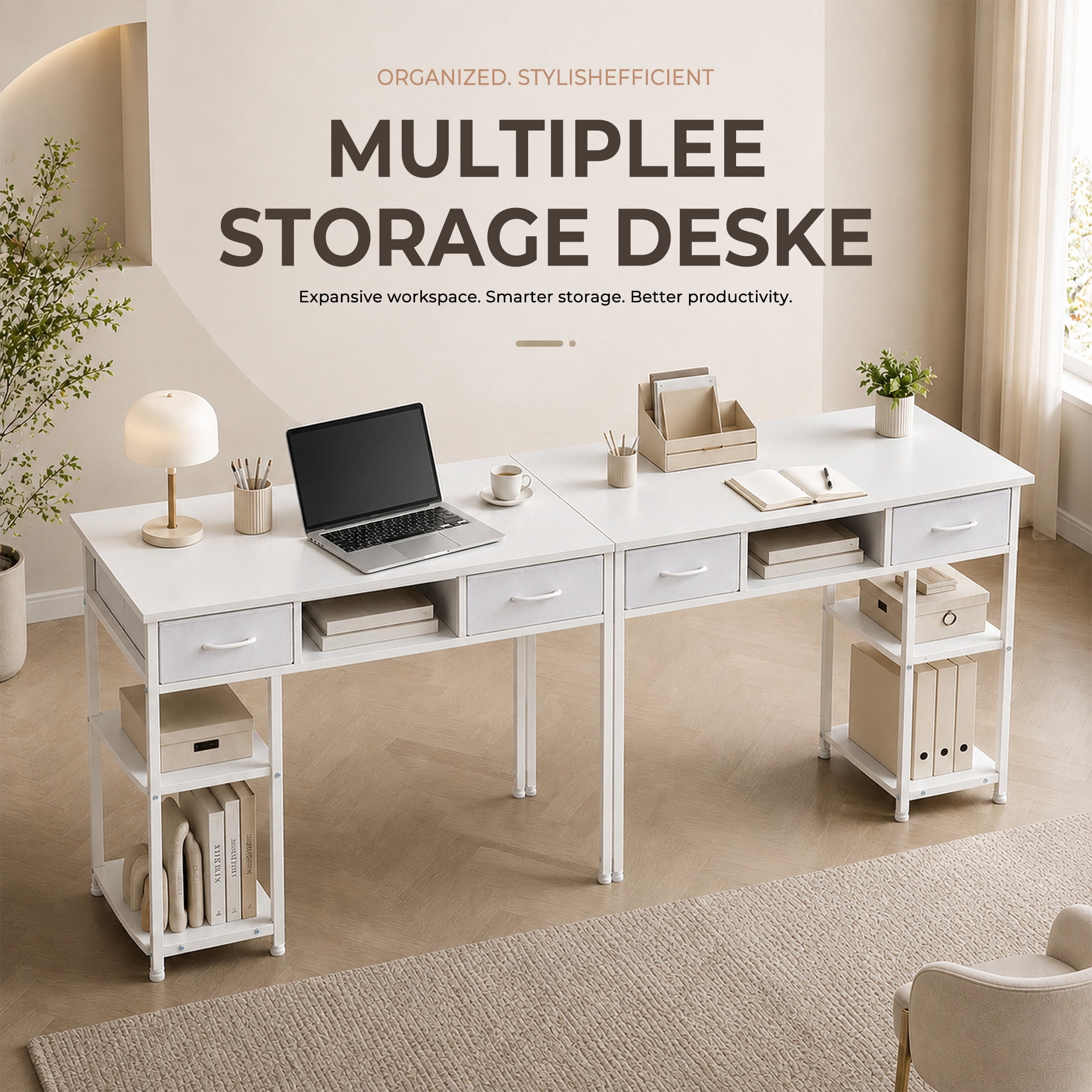 edx Small Desk with Drawers & Storage Shelves, 48 Inch Computer Desk Modern White Desk Gaming Writing Desk Study Table for Home Office, White