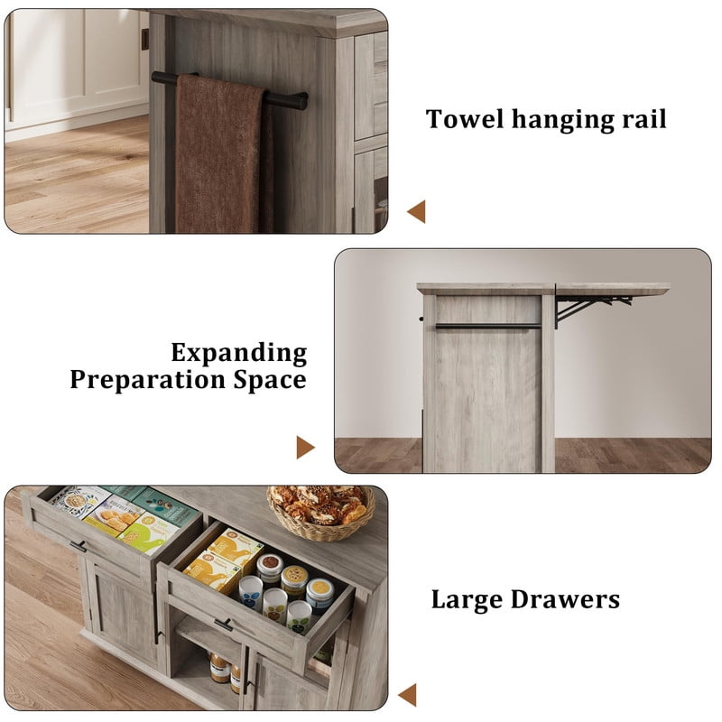 TROPOW Kitchen Island Cart on Wheels with Foldable Table, 2-Tier Rolling Kitchen Cart with Storage Shelf & Towel Rack, Mobile Workstation for Small Spaces