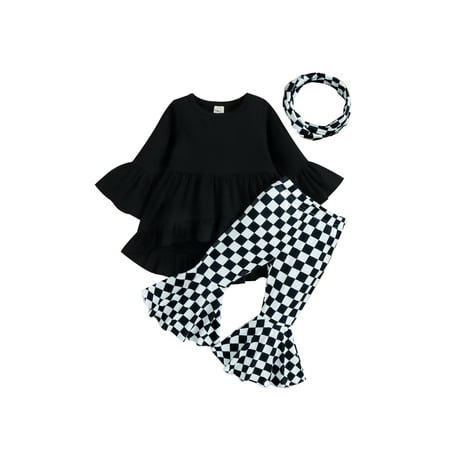 

EYIIYE Toddler Girl Spring Fall 3Pcs Outfits Solid Color Long Bell Sleeve Ruffle Tops + Flare Pants + Scarf Set 9 Months-4 Years