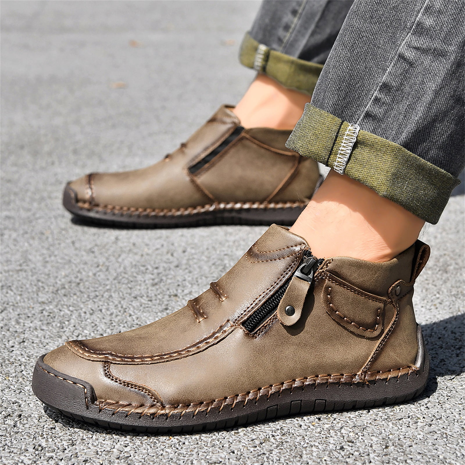 HTHLVMD Driving Shoes for Men, Men’S Slip-On Orthopedic Leather Boots,Men’S Handmade Premium Leather Slip-On Driving Boots,Men Side Zipper Orthopedic Shoes for Driving Hiking, Khaki 8