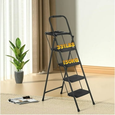 XF XINFENG 4-Step Folding Ladder with Anti-Slip Pedal, 331 lbs, Portable, Sturdy Steel Ladder for Home, Kitchen, Office, Black, Adult