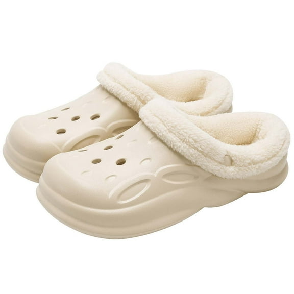 Wovix Womens Classic Lined Platform Clogs Solid Basic Daily Shoes Lined Clogs Winter Warm Plush House Slippers Beige 37