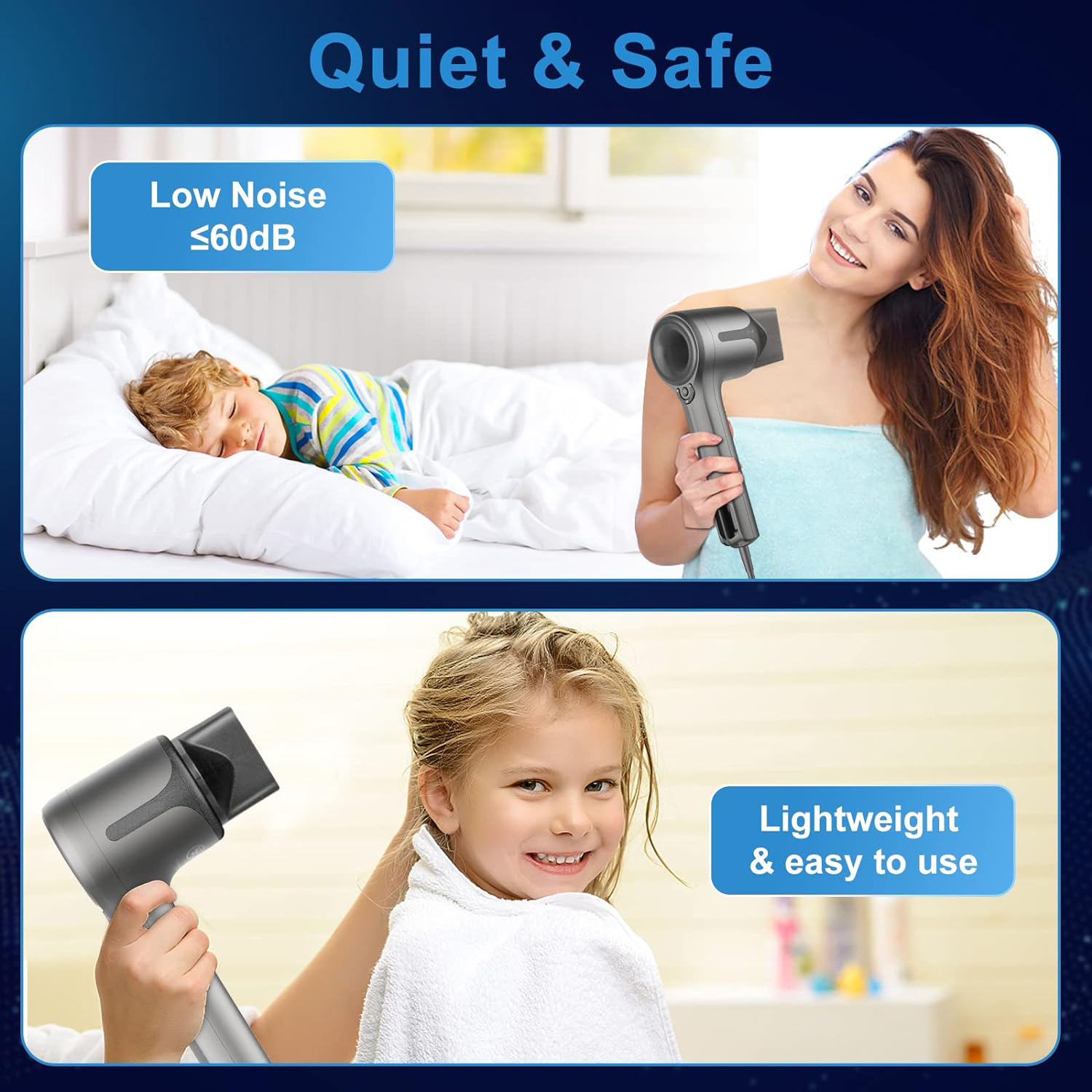 Ionic Hair Dryer, Fast-Drying with Brushless DC Motor,Salon Negative Ions Blow Dryer,No Heat Damage,UL Approved and ALCI Safety Plug,Cold Button Light & Low Noise 2 Magnetic Nozzles