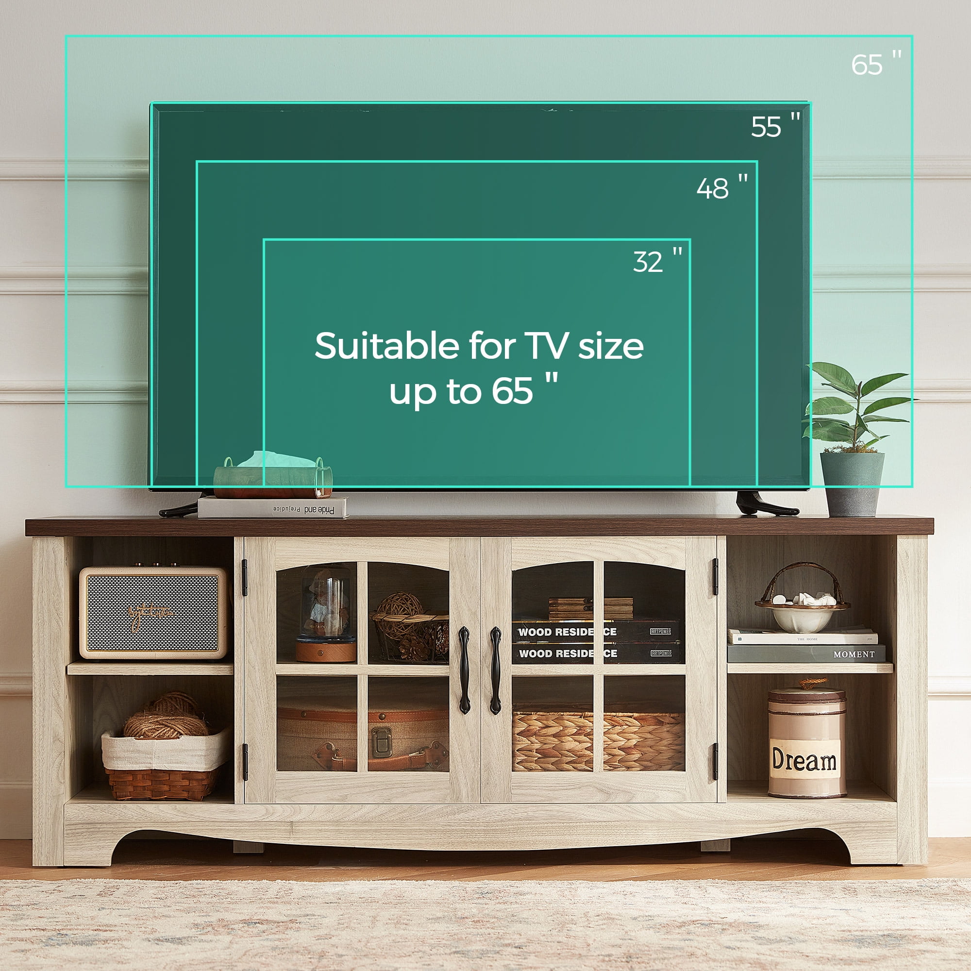 LINSY HOME Modern Farmhouse TV Stand for TVs up to 65",Oak White
