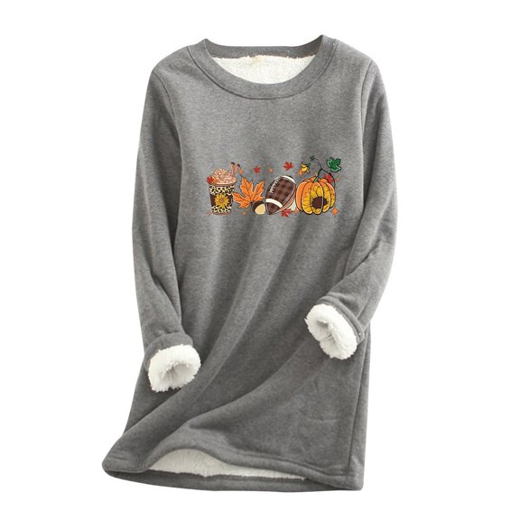 Lolmot Halloween Cute Graphic Sweatshirts for Women Winter Warm Fleece Sherpa Lined Tops Pumpkin Coffee Rugby Print Long Sleeve Round Neck Sweatshirts Thanksgiving Shirts