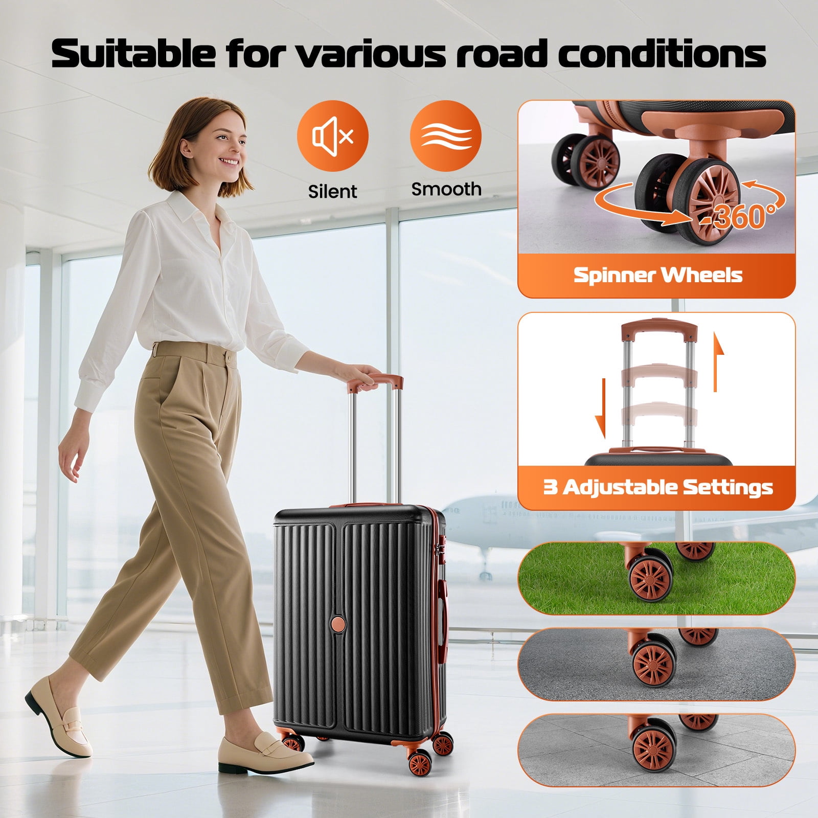 SANOPY 6-Piece Luggage Set with Cosmetic Bag & Duffle, 16” + 20” + 24” + 28” Durable ABS+PC, Smooth-Spinning Wheels & TSA Lock Included