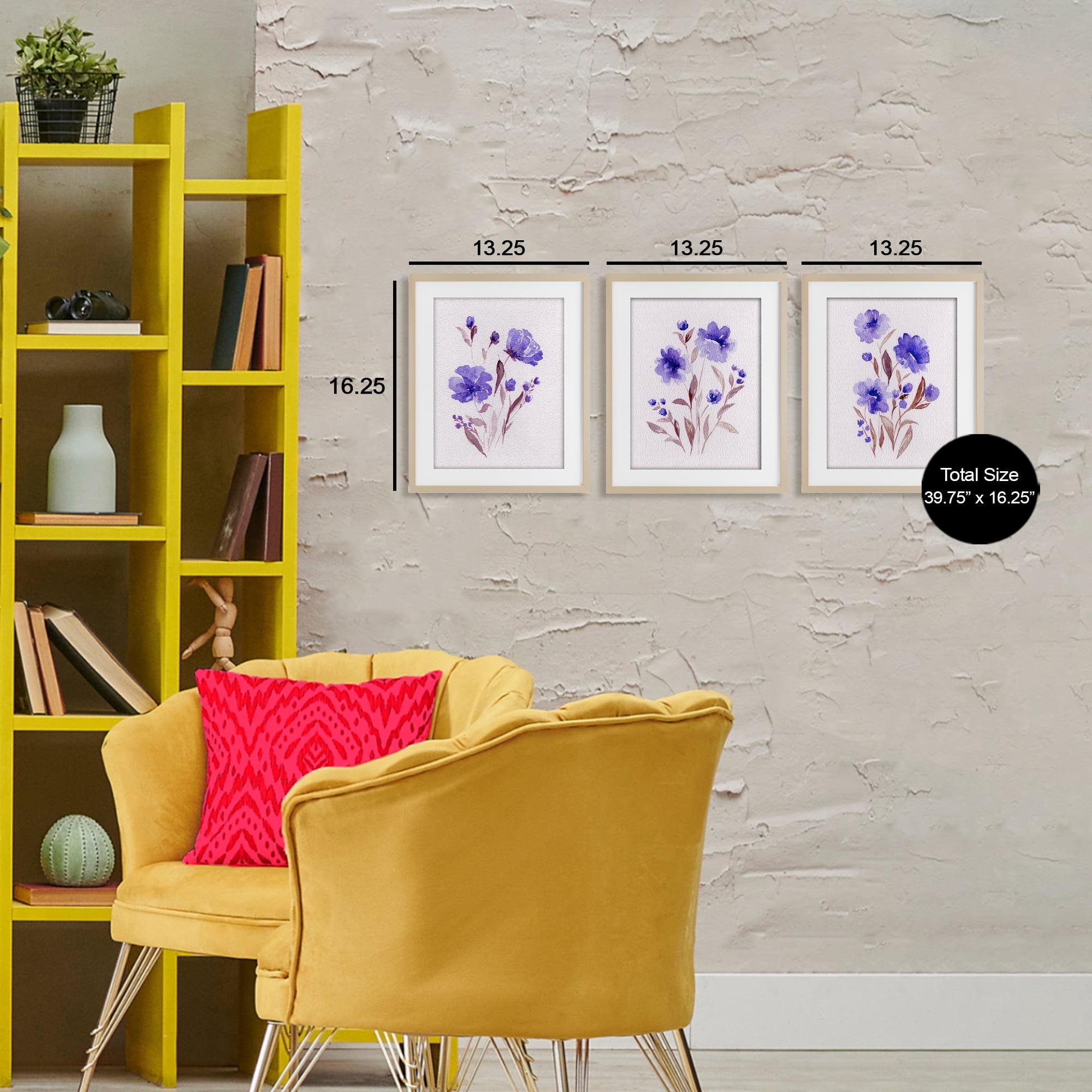 Stupell Industries Watercolor Purple Blooms 3 Piece Birch Framed Print Under Glass Set, design by Leah Noel Art