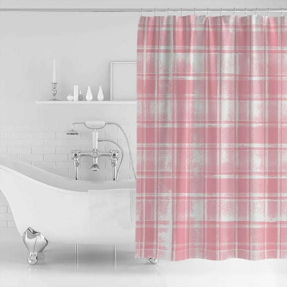 Waterproof Shower Curtain, Pink Checkered Polyester Fabric Bathroom Curtains with 12 Hooks, 36" W x 72" H, Vintage Watercolor Pink Plaid Quick-Drying Bathtub Curtain