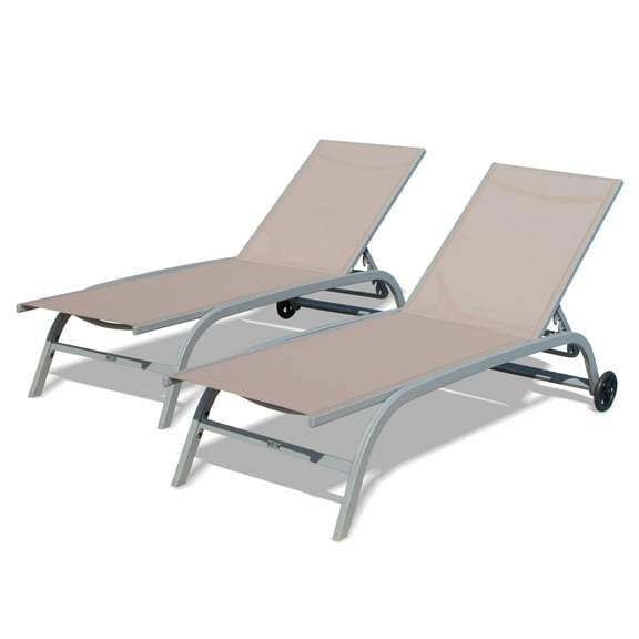 Set of 2 Adjustable Chaise Lounge Chairs with Wheels, All-Weather Textilene, 5 Reclining Positions for Poolside, Patio, and Beach, Khaki