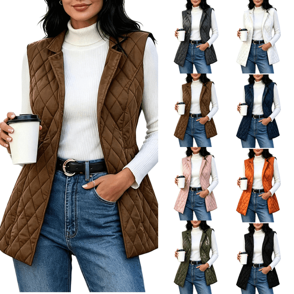 Hulanddfd Womens Outerwear Long Quilted Vest, Lapel Collar Sleeveless Diamond Padded Open Front Coat with Pockets, Casual GiletBrownL