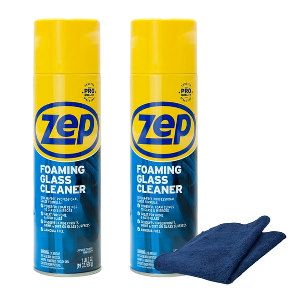 Zep Foaming Glass Cleaner 19 oz and Blue Microfiber Rag Ammonia-Free Streak-Free Glass Cleaner for Windows Mirrors and Auto Glass