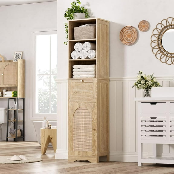 67" H Natural Bathroom Storage Cabinet with Rattan Doors and Slide Storage, Tall Narrow Freestanding Tower Cabinets with Adjustable Shelves for Kitchen, Living Room, Dining Room