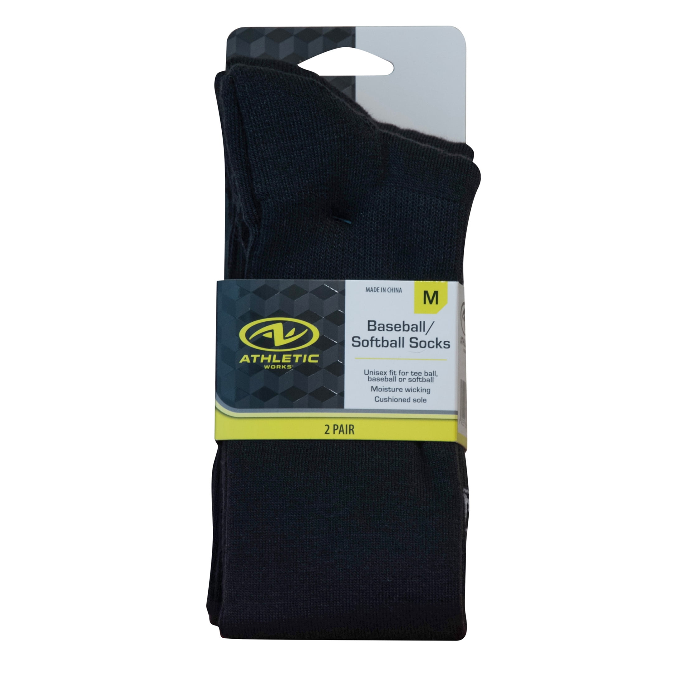 Athletic Works Unisex Baseball/Softball Socks, 2-Pair Pack, Black
