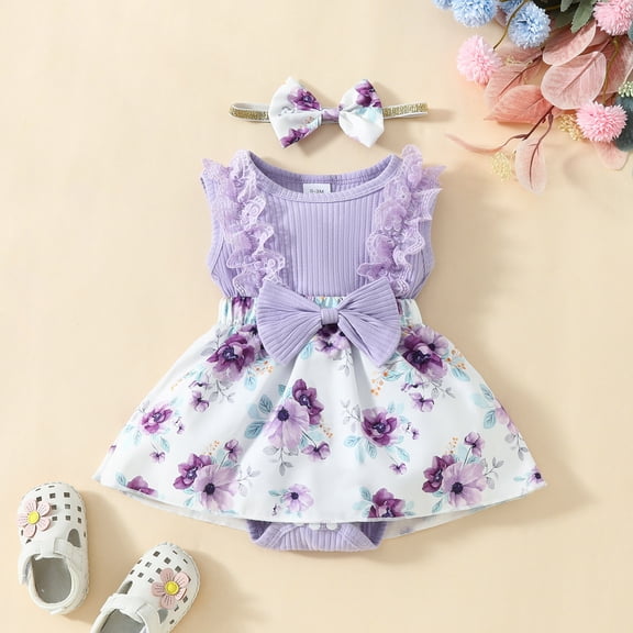 Baby Onesies Unisex Infant Girls Sleeveless Ribbed Bowknot Floral Print Romper with Headband Baby Bodysuit Purple 9-12 Months