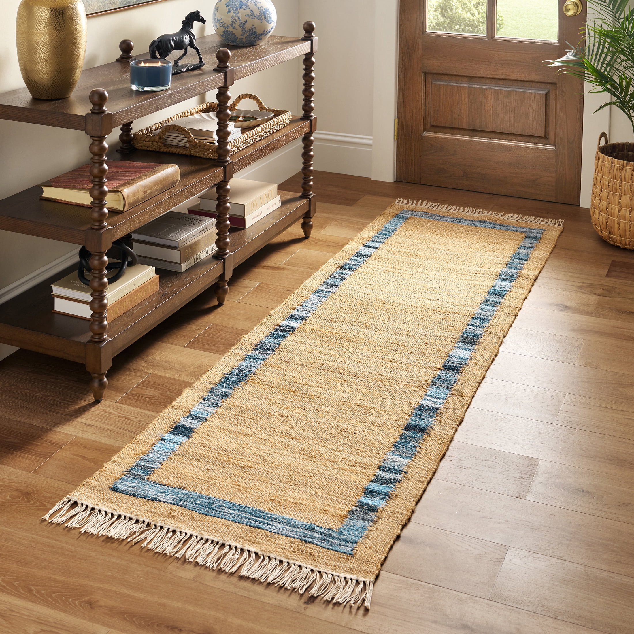 The Pioneer Woman Denim Jute Runner Rug, Natural with Blue Border, 30 in x 96 in