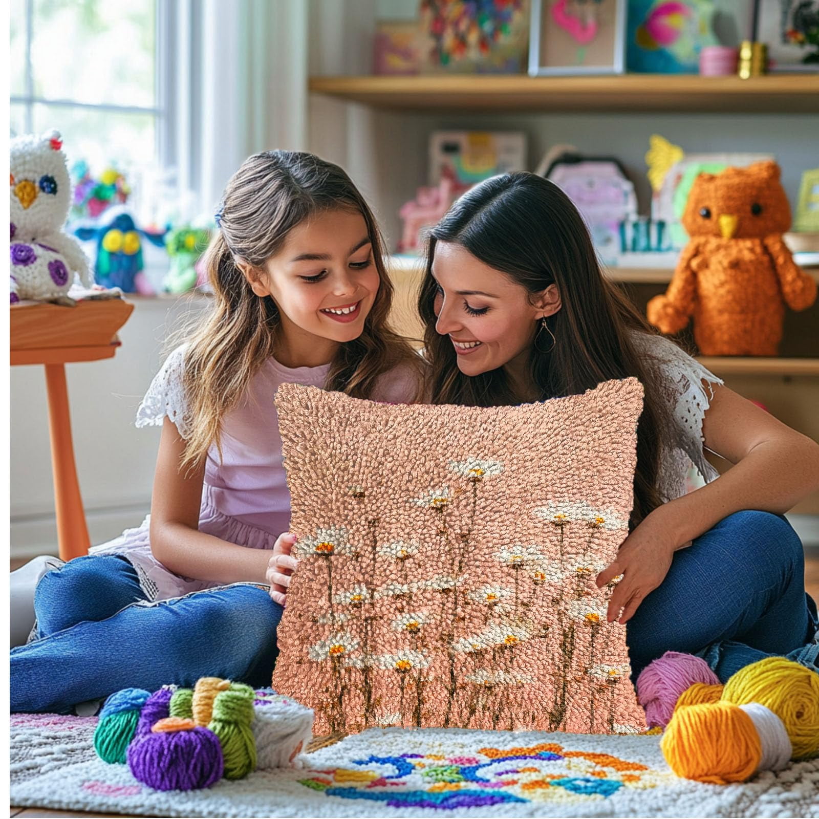 DIY Latch Hook Pillow Kits for Adults Little Wild Daisy Flowers Printed Pillowcase Crochet Yarns Hooking Handmade Pillow Cover Cushion for Home Sofa Decoration 17x17inch-3