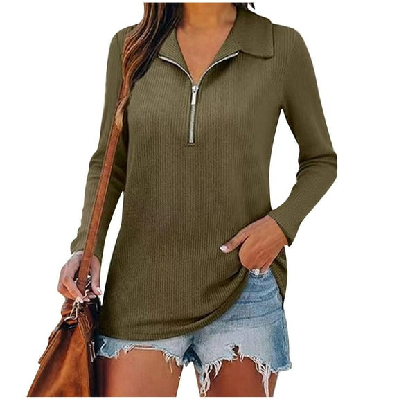 cocolona Womens Half Zip Pullover Tops Fall Long Sleeve Lapel Shirts Fashion Solid Color Dressy Casual Blouses