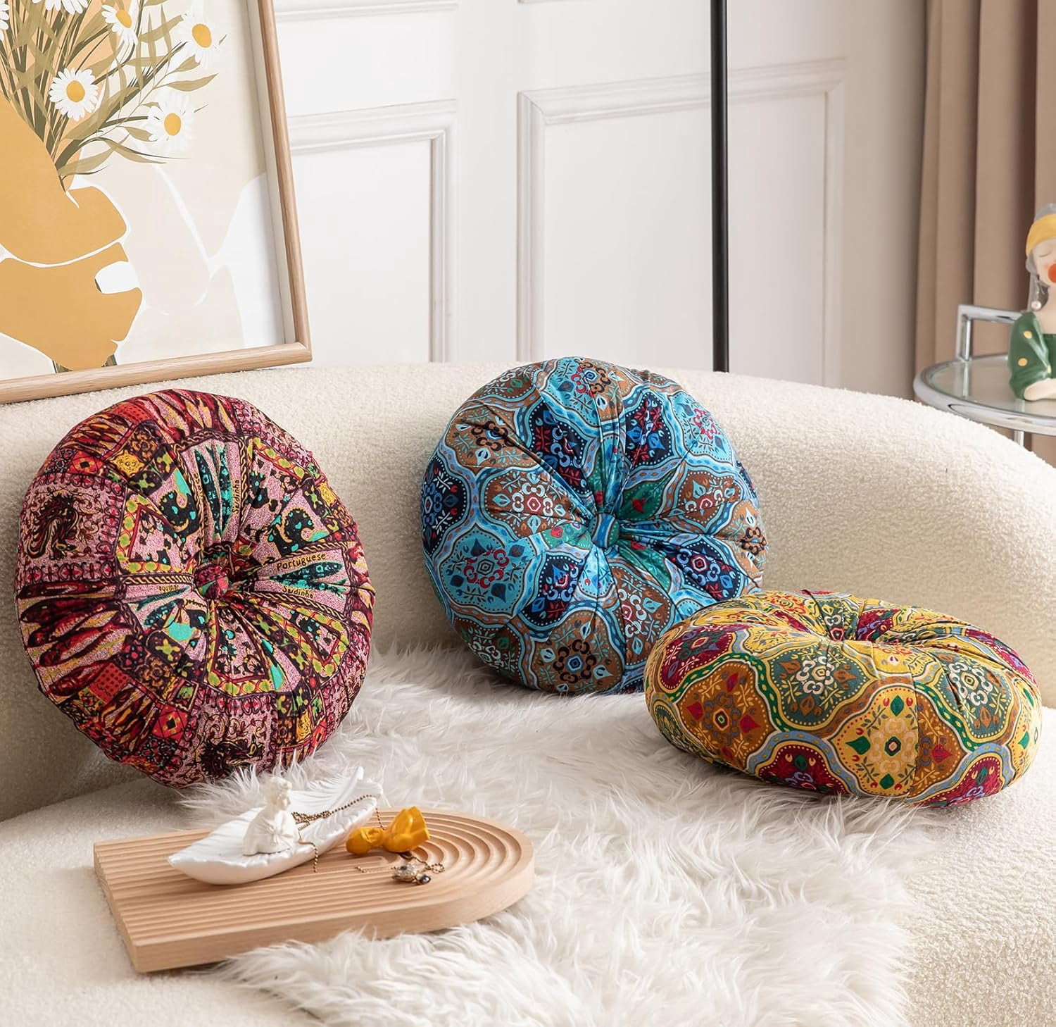 Monebena Round Floor Pillow Cushion Pleated Throw Pillows Boho Printed Accent Pumpkin Decorative Throw Pillows with Button Cotton Linen Pillow Cushion for Sofa Couch Vanity Chair Bed Diameter 14"