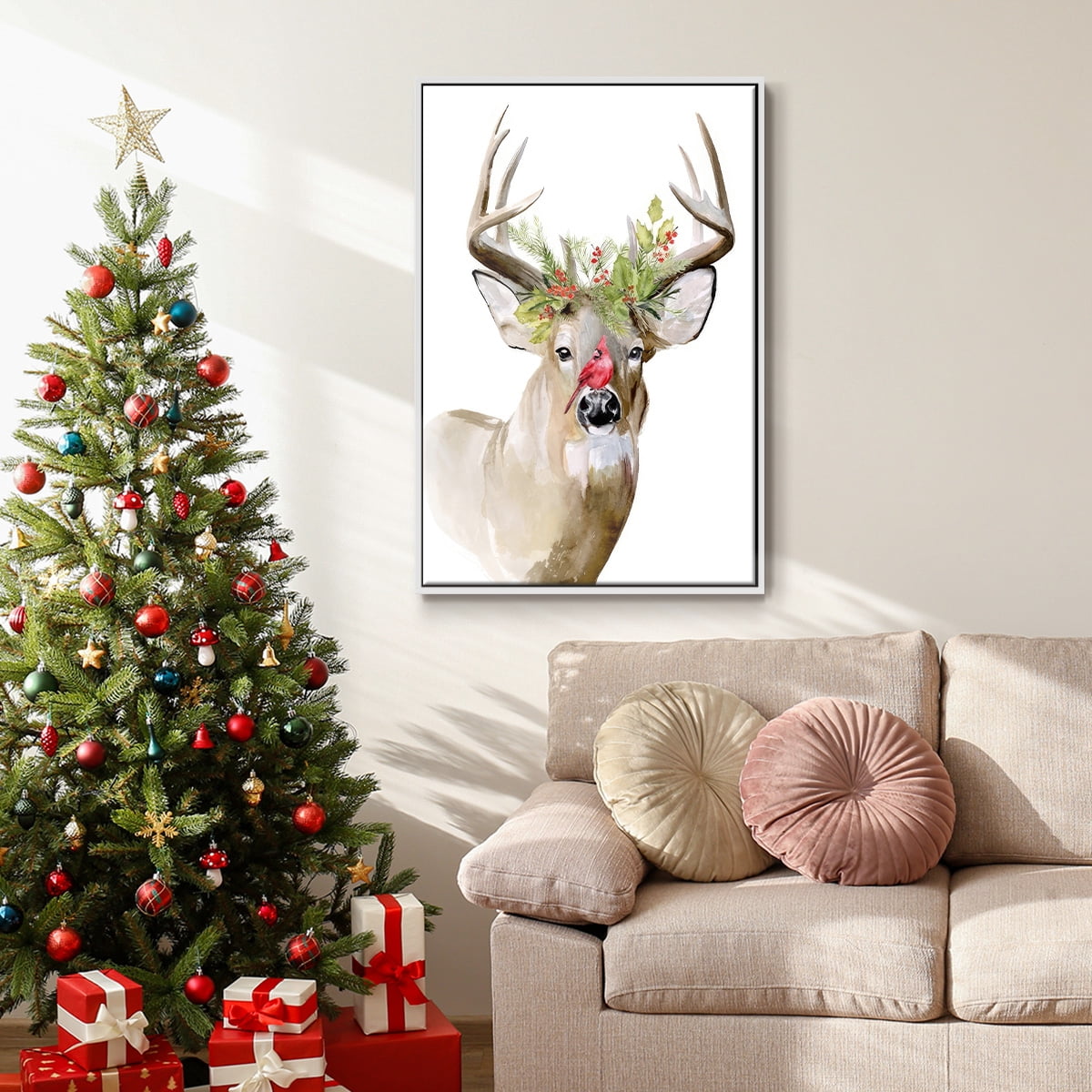 Holiday Deer II - Framed Gallery Wrapped Holiday Canvas - 27 x 41 - White Frame