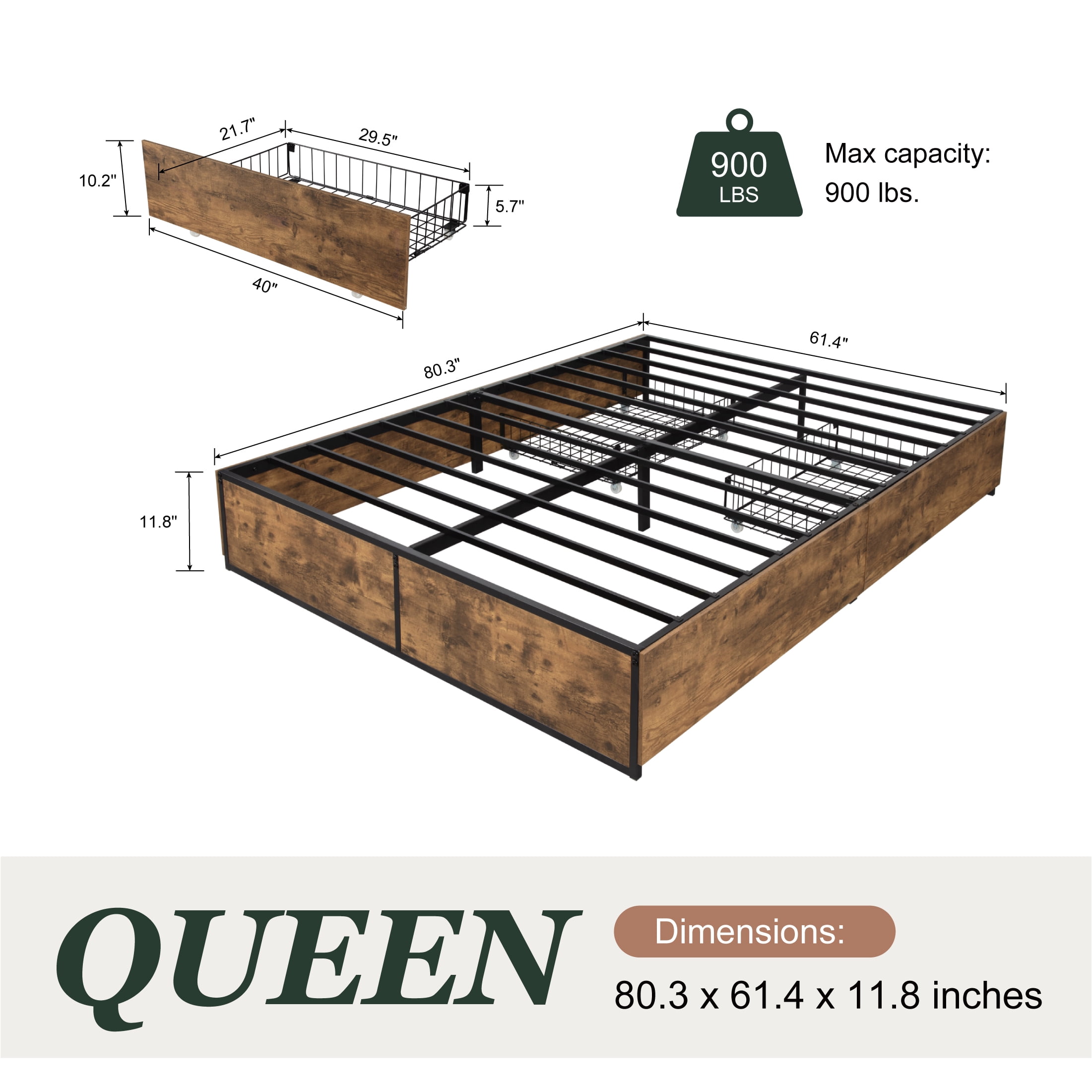 Amolife Queen Bed Frame, Metal Storage Platform Bed with 2 Ultra-Flexible Drawers & Easy Assembly, Brown