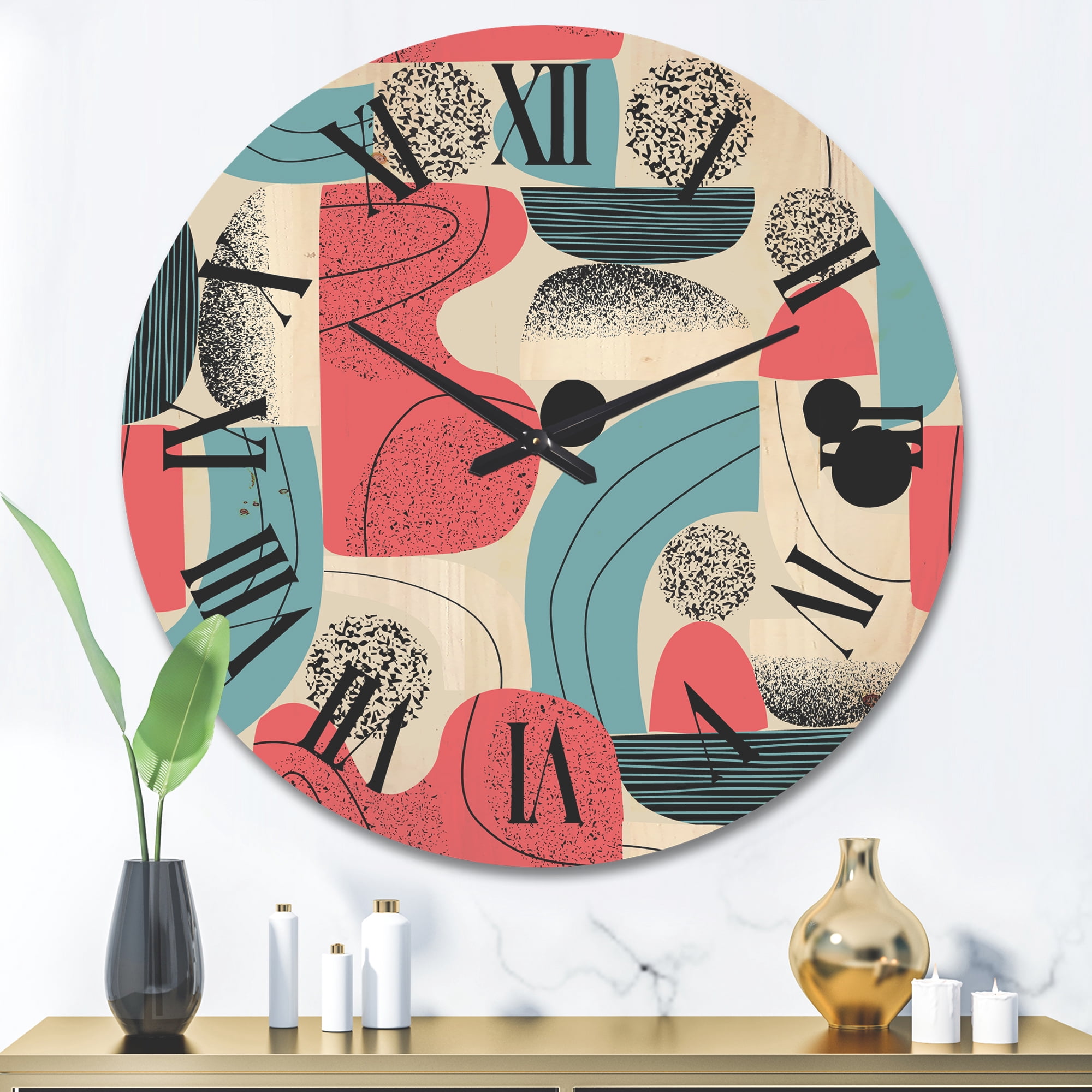 Designart 'Retro Shapes With Abstract Moons and Suns III' Modern Wood Wall Clock