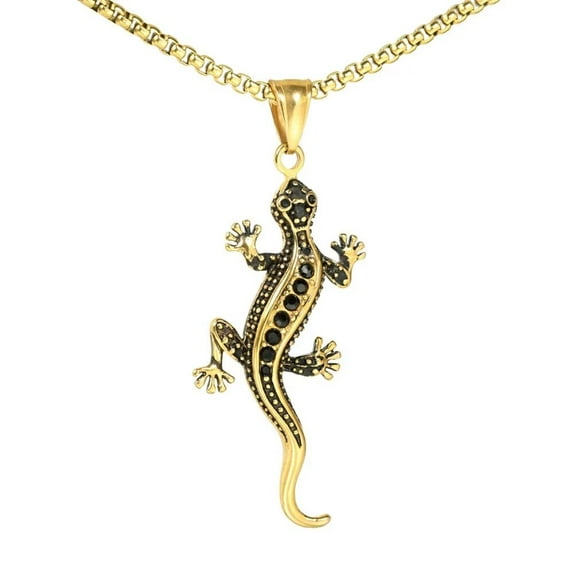 PAMTIER Men's Women's Stainless Steel Cubic Zirconia Inlay Vintage Hip Hop Gecko Animal Pendant Necklace Gold