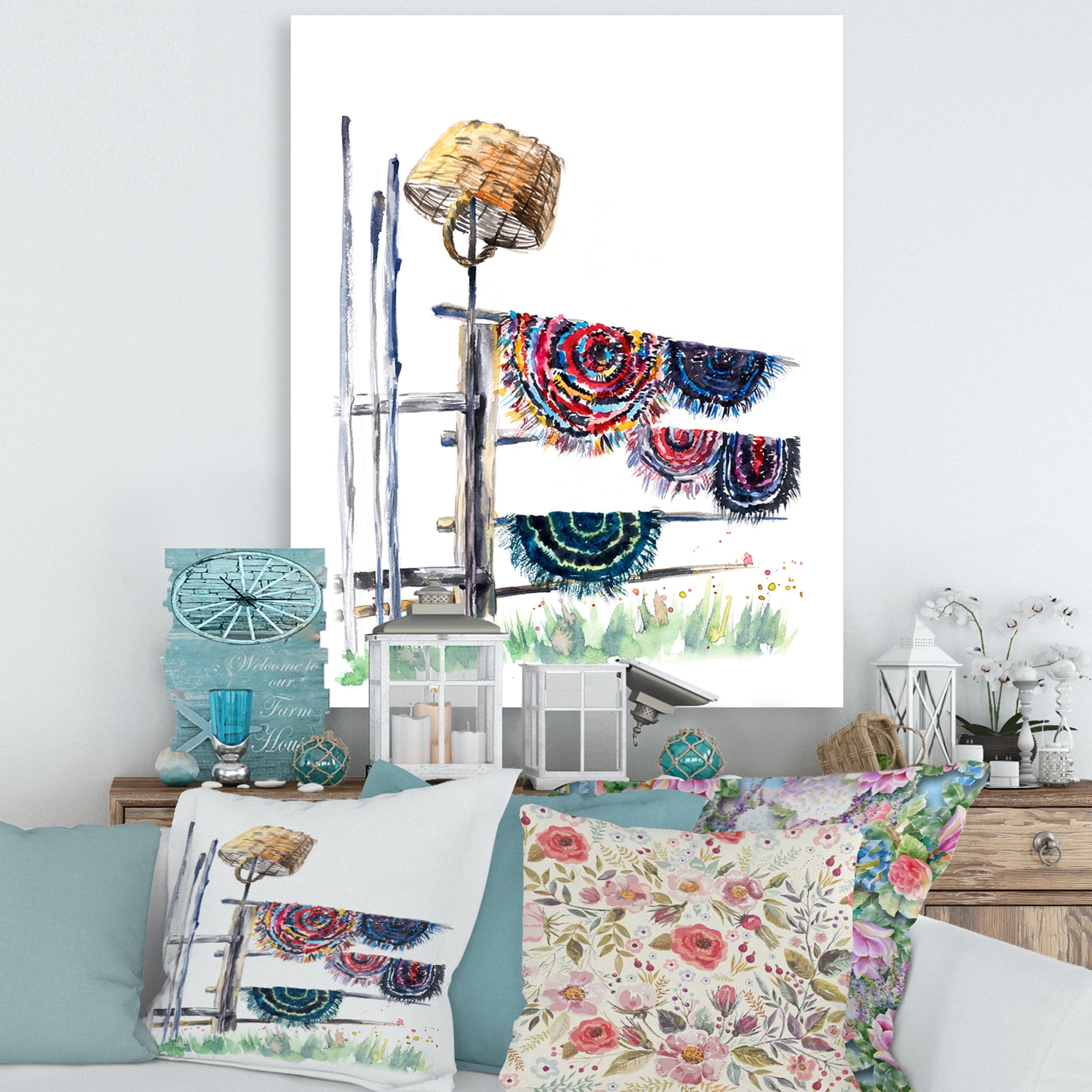 Designart ' Colorful Russian Rugs On Drying Line ' Global Canvas Wall Art Print