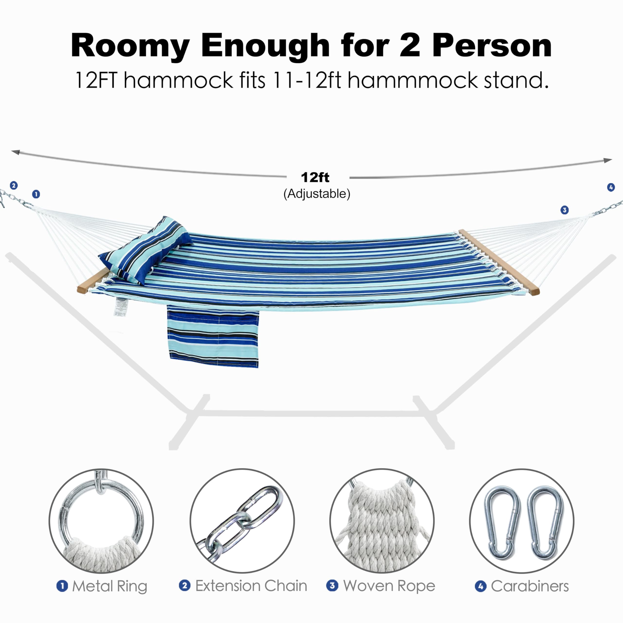 Hammock 2 Person Quilted Fabric Hammocks For Outside  Double 12ft With Spreader Bar Large Removable Pillow Storage Bag Carabiners Max 475 Lbs Capacity (catalina Beach)