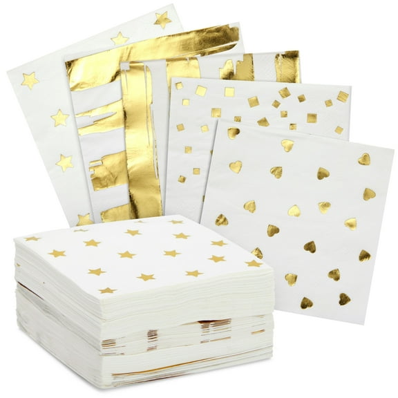 100 Pack White and Gold Cocktail Napkins for Birthday Party, Graduation, 5 Patterns, 5 x 5 in