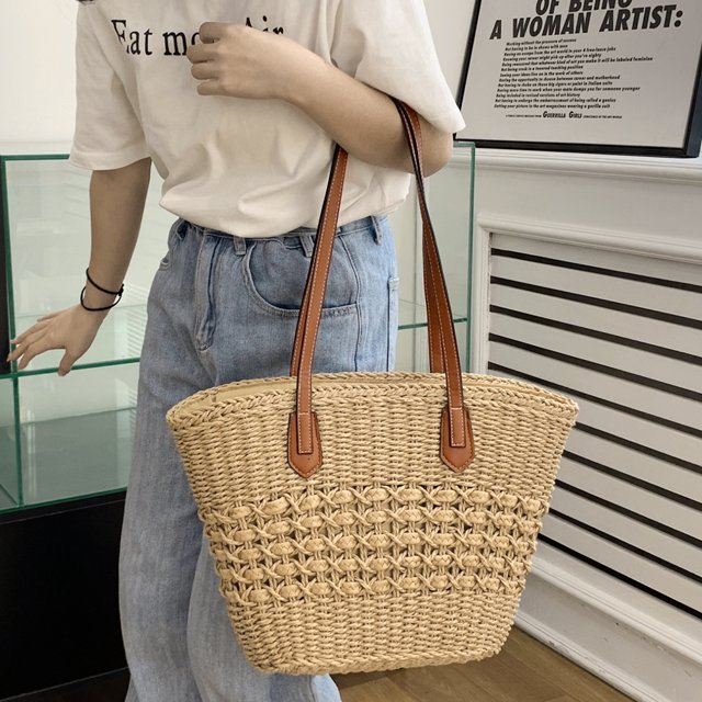 Bolso de hombro de verano, bolsos tejidos a mano con cuerda de papel para viajes (marrón claro)