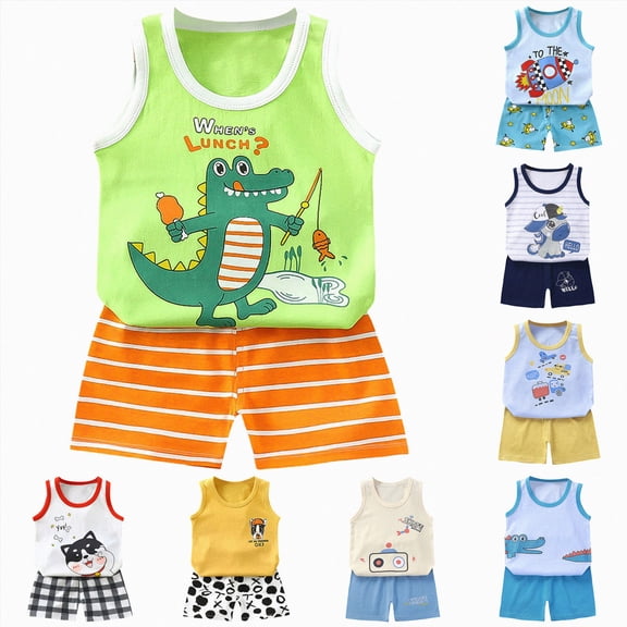 Xudanell Infant Baby Boy Summer Clothes 6Pcs Dinosaur Print Sleeveless Tank Tops Shorts Set 0 6 12 18 24 Months 2T 3T Toddler Boys Outfit Baby Boy Outfits (Dark Gray, 6-12 Months)
