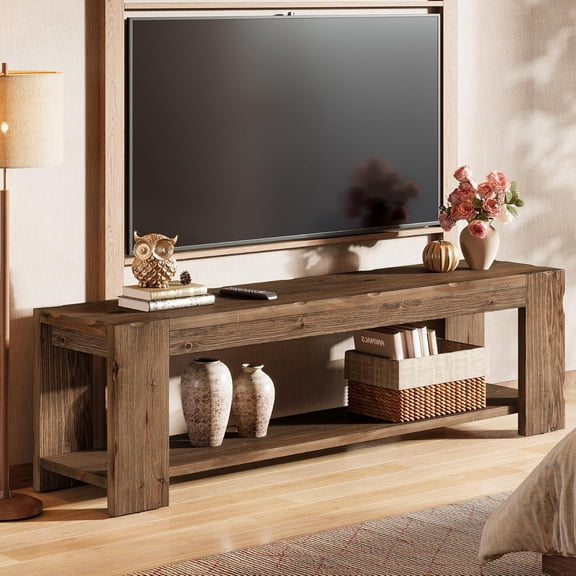 Tribesigns 55" Solid Wood TV Stand for TVs up to 60", 2-Tier TV Console Media Stand with Open Storage for Living Room, Bedroom