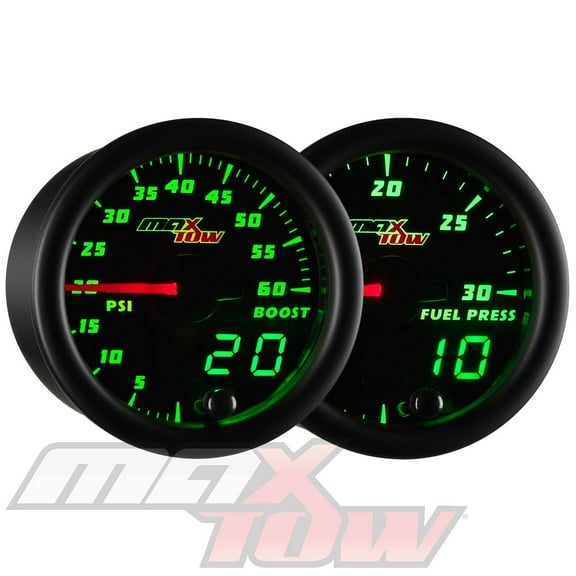MaxTow | Black & Green Double Vision Series 2 Gauge Diesel Truck Set with 60 PSI Boost Gauge & 30 PSI Fuel Pressure Gauge