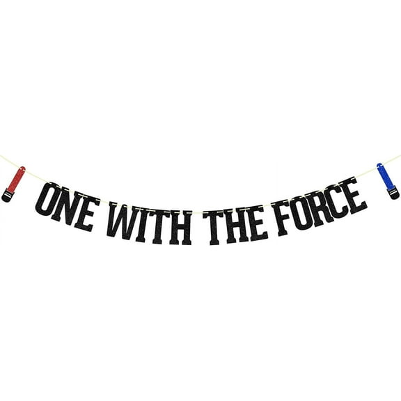 One With The Force Banner - Jedi Theme 1st Birthday Decors, Glitter Black Red Blue