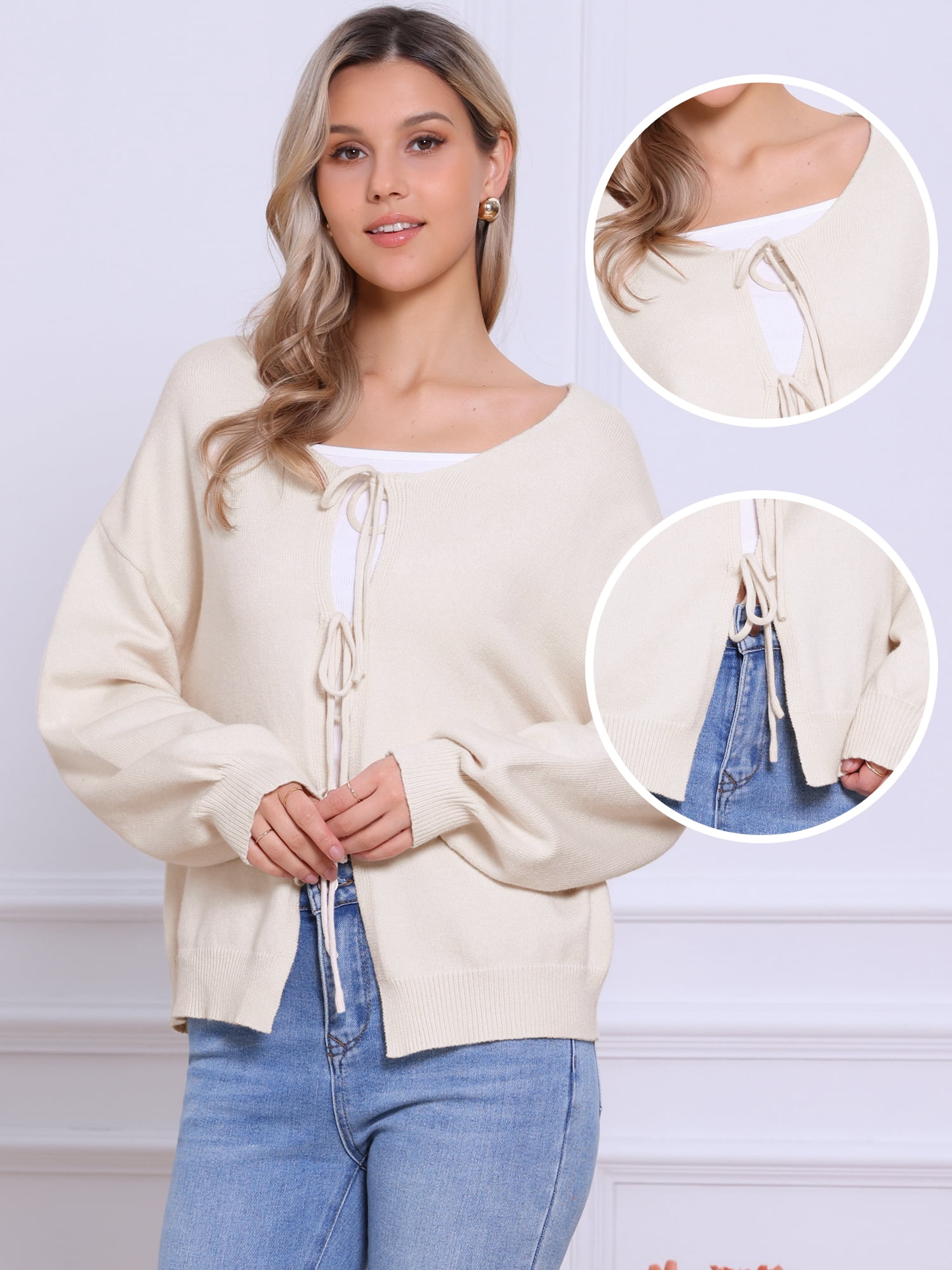 DARING DIVA Women's Long Sleeve Cute Knit Tie Front Cardigan Sweaters XL Beige