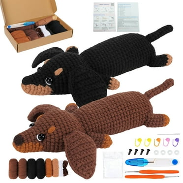 Crochet Kit for Beginners -2 PCS Dachshund Crochet Kit, DIY Knitting Kit with Step-by-Step Video Tutorials (Brown & Black)
