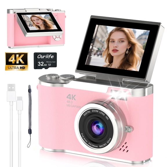 Ourlife 4K Digital Camera,Autofocus 48MP 1080P HD Video Selfie Camera with 180° Flip Screen,Kids Digital Camera 8X Zoom Anti Shake Compact Cameras for Photography,32GB Card