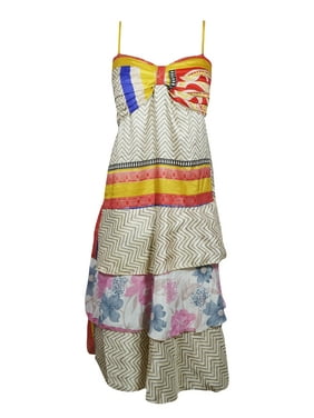 Mogul Women Spaghetti Beige Blue Dress Vintage Recycled Silk Sari Long Printed Saree Dress Summer Dress S/M