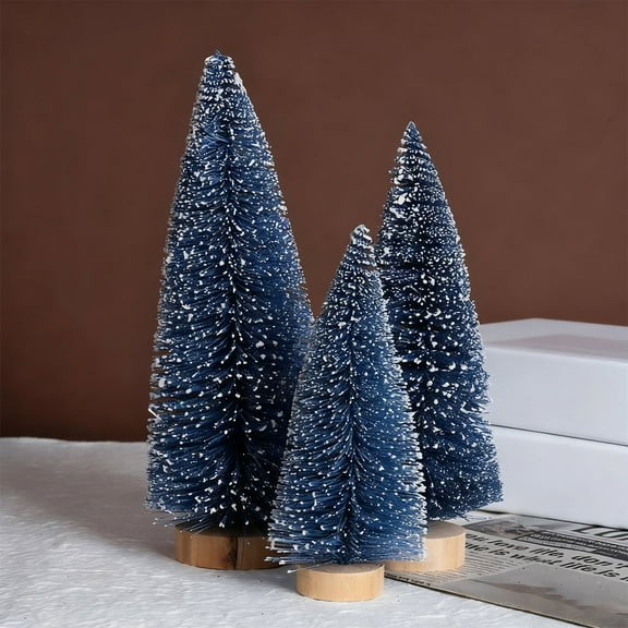3 Pcs Dark Blue Classic Artificial Mini Christmas Tree Sisal Bottle Brush Trees with Wood Base Christmas Pine Trees for Autumn Winter Holiday Home Kitchen Party Decor